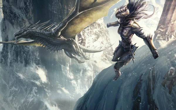A dynamic winter fantasy scene featuring a fierce dragon soaring above a warrior poised on a cliff, set against a dramatic icy background. High-definition PC desktop wallpaper.