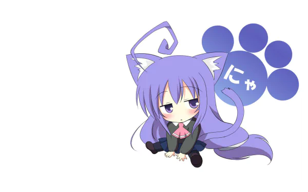 HD PC desktop wallpaper: anime chibi purple catgirl with ears and tail beside a blue paw and にゃ emblem — Place to Place background.