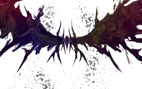 HD PC desktop wallpaper featuring Homura Akuma and Homura Akemi from the anime Puella Magi Madoka Magica with dark, abstract wings on a white splattered background.