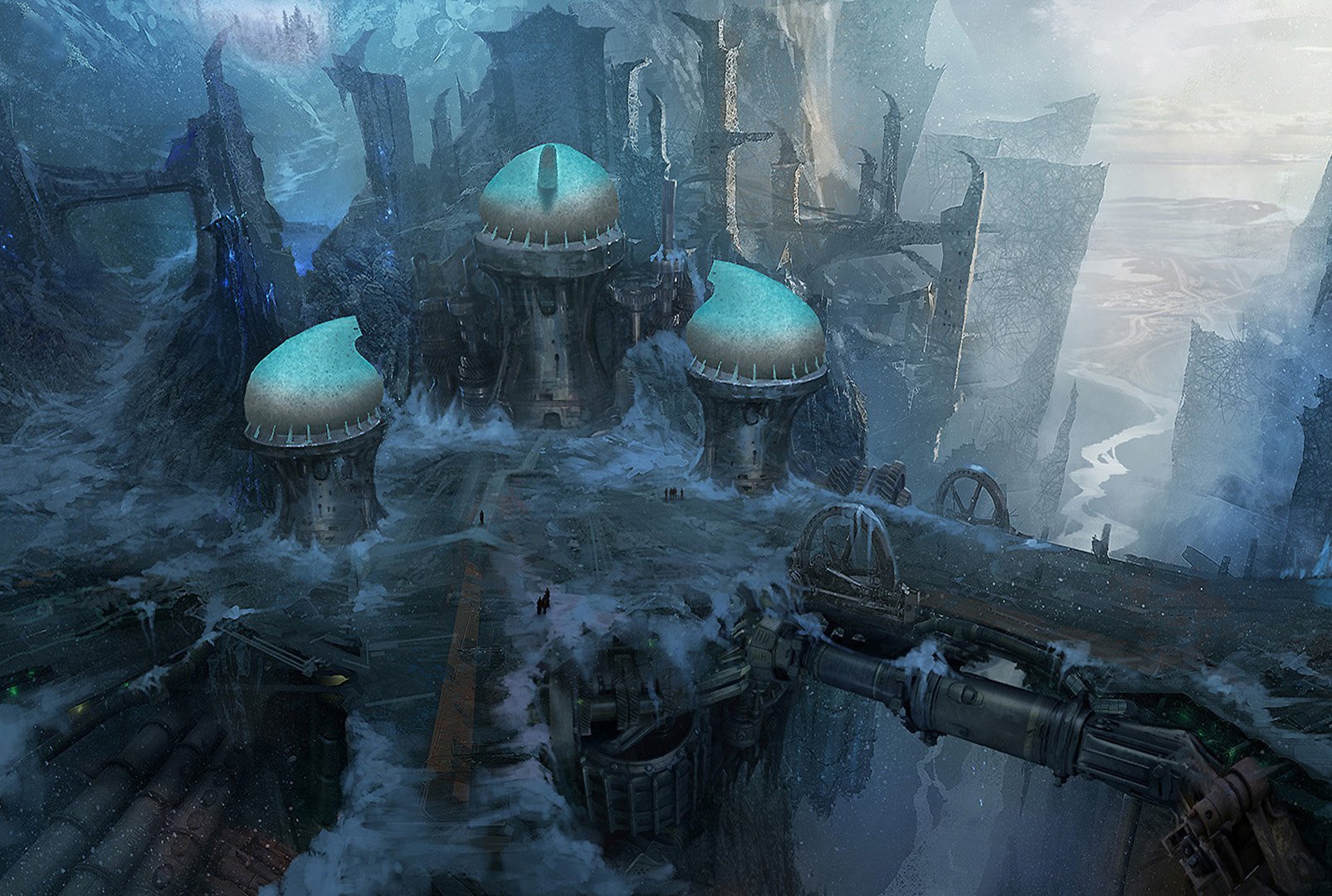 HD PC desktop wallpaper from the video game Black Gold Online, featuring a dark, futuristic landscape with industrial structures and misty cliffs.