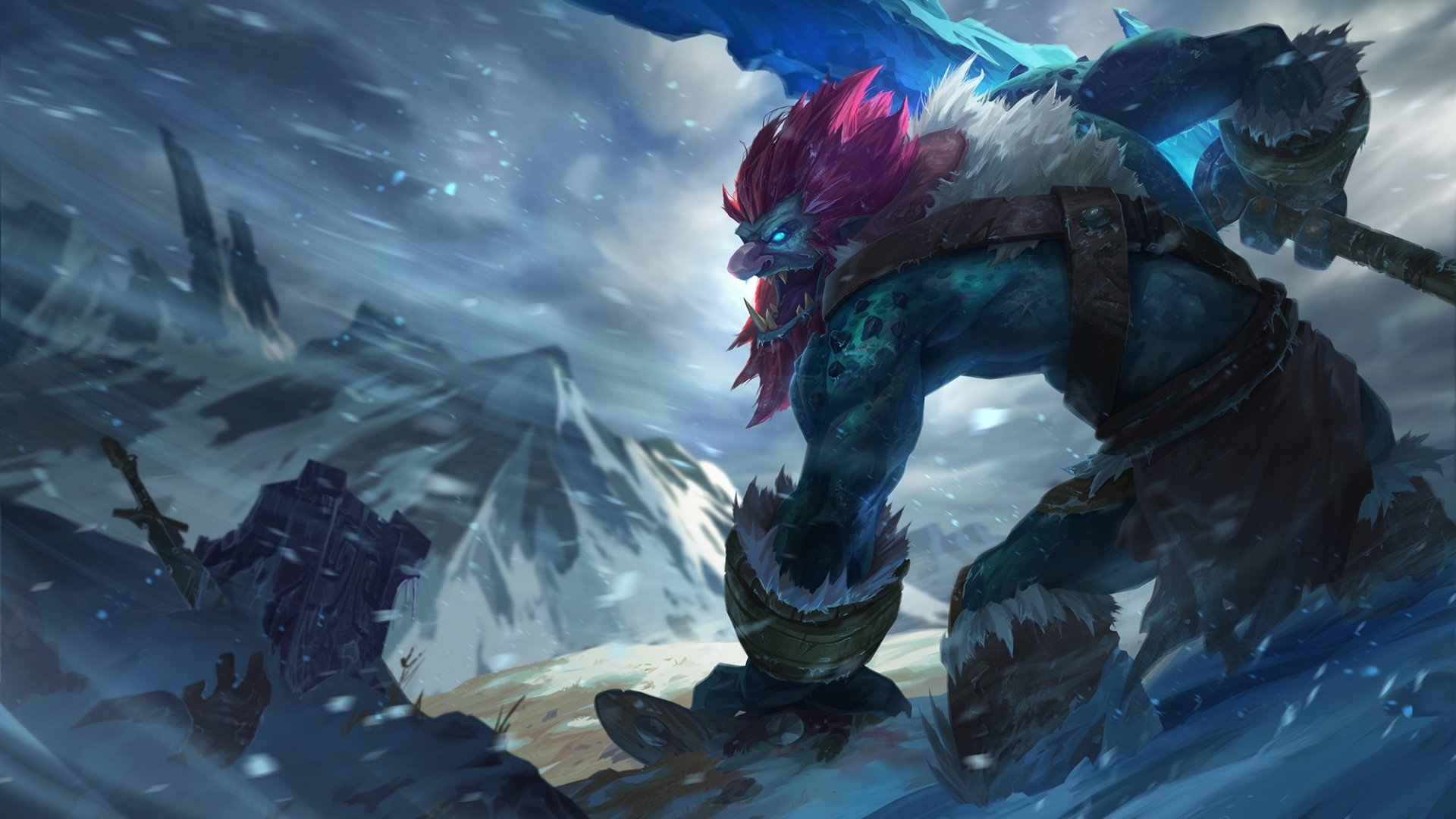 HD desktop wallpaper showcasing Trundle from League of Legends in a snowy, mountainous landscape, highlighting the video game's dynamic and intense atmosphere.