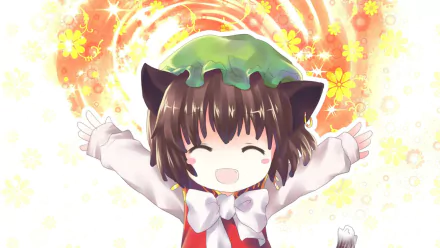 HD PC desktop wallpaper of Chen (Touhou): chibi anime catgirl with ears and tail, smiling with outstretched arms against a bright floral, starburst Touhou background.