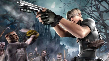 HD wallpaper featuring Leon S. Kennedy from Resident Evil 4, aiming a gun at approaching zombies in a dark, eerie setting. The scene conveys a tense and action-packed video game moment.