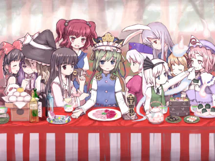 HD PC desktop wallpaper featuring Touhou characters Eirin, Patchouli, Kaguya, Shikieiki, Komachi, Alice, Reisen, Marisa, Reimu, Youmu and Yuyuko gathered around a festive table.