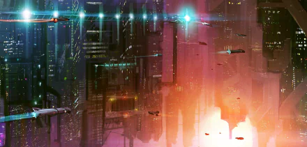 HD PC desktop wallpaper: neon-lit sci-fi cityscape with towering skyscrapers, flying vehicles and glowing aerial traffic beneath orange and teal skies.