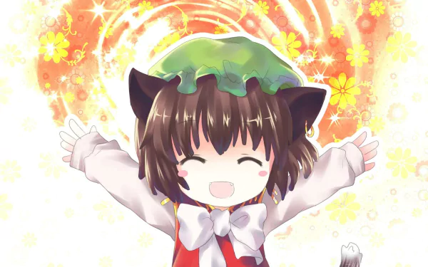 HD PC desktop wallpaper of Chen (Touhou): chibi anime catgirl with ears and tail, smiling with outstretched arms against a bright floral, starburst Touhou background.