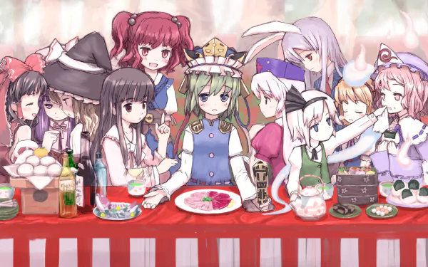 HD PC desktop wallpaper featuring Touhou characters Eirin, Patchouli, Kaguya, Shikieiki, Komachi, Alice, Reisen, Marisa, Reimu, Youmu and Yuyuko gathered around a festive table.
