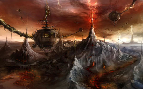 HD PC desktop wallpaper from the video game Black Gold Online, depicting a fiery volcanic landscape with futuristic floating structures and dark, stormy skies.