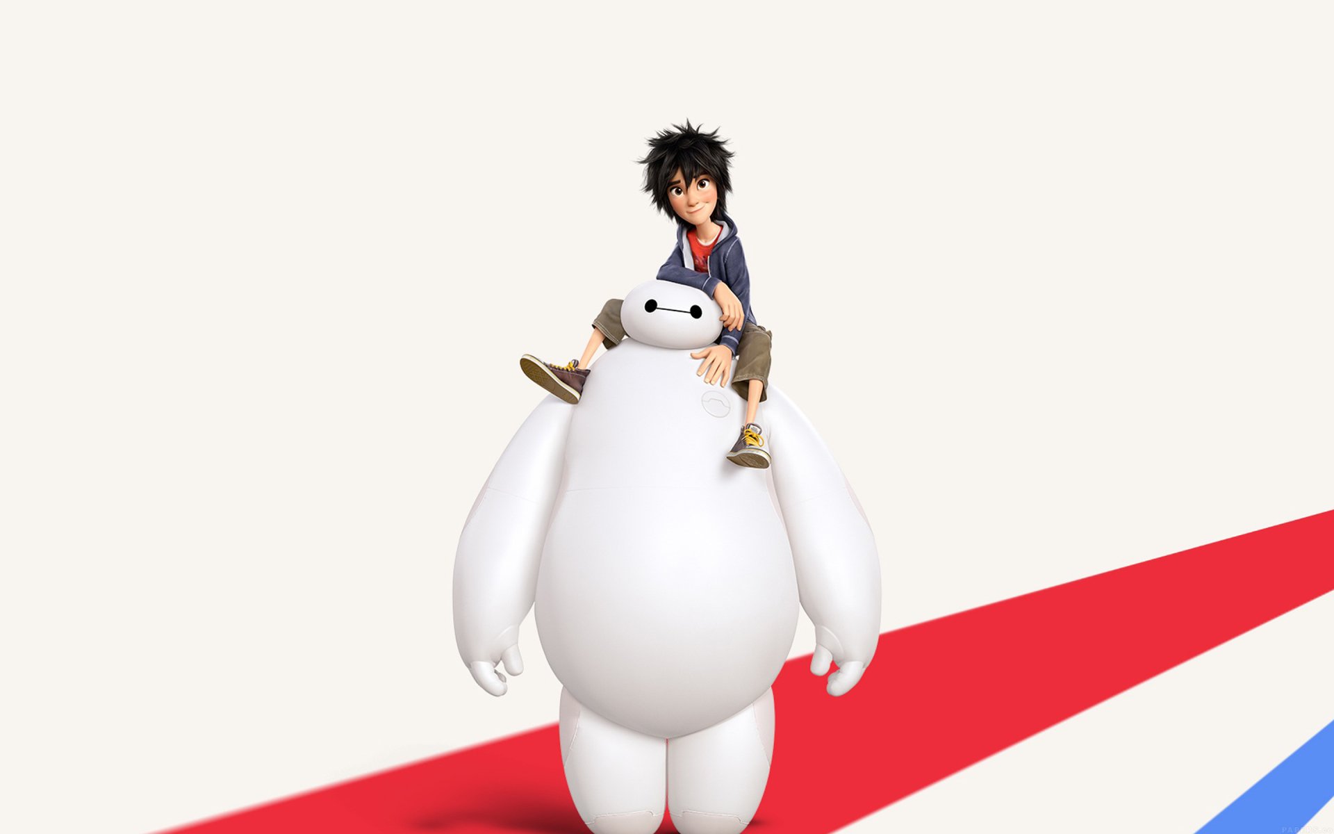 2K Quad HD PC desktop wallpaper: Baymax from the movie Big Hero 6 carries Hiro on his shoulders against a white background with bold red and blue diagonal stripes.