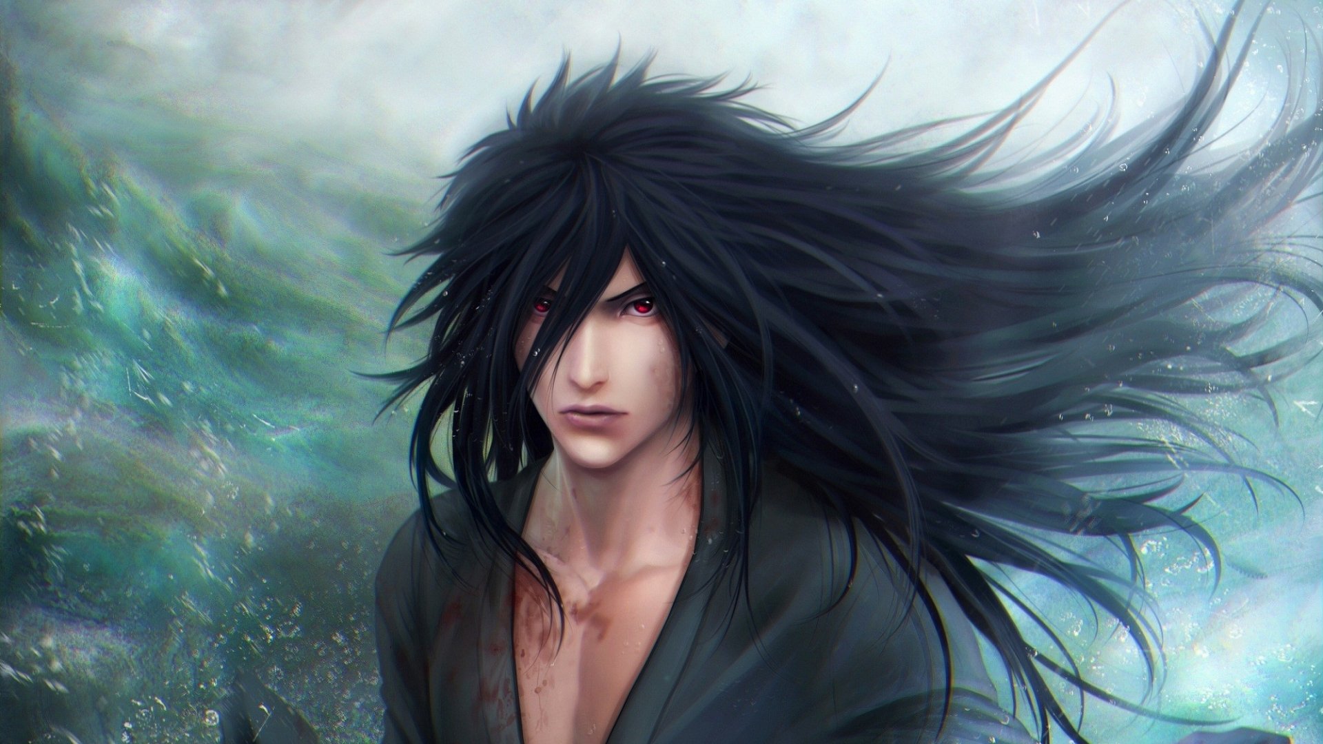 HD fantasy warrior with long flowing black hair stands against a misty, mystical background, exuding strength and intensity in this fantasy-themed desktop wallpaper.