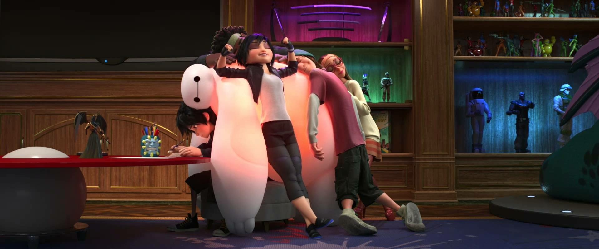 HD desktop wallpaper featuring characters from the movie Big Hero 6 relaxing together in a cozy room filled with shelves and neon lighting.