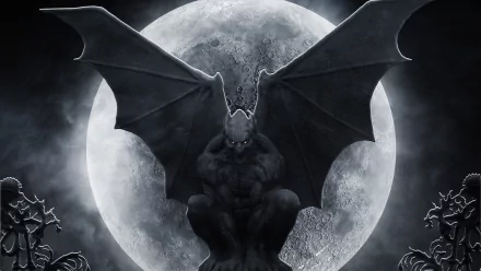 A dark gargoyle with large wings sits against a dramatic full moon, set in a haunting landscape, creating an atmospheric HD PC desktop wallpaper and background.