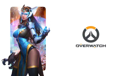 High-definition wallpaper featuring Symmetra from Overwatch, showcasing her iconic look alongside the game’s logo. A striking visual for fans of the video game.