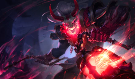 HD desktop wallpaper of Thresh from League of Legends, featuring the character in dark and fiery tones, wielding his iconic lantern and chain-scythe in a dynamic and intense battle stance.
