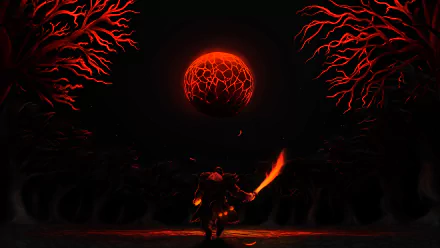 A dramatic HD desktop wallpaper featuring a warrior silhouetted against a glowing red moon and eerie, twisted trees, inspired by the video game DotA 2.