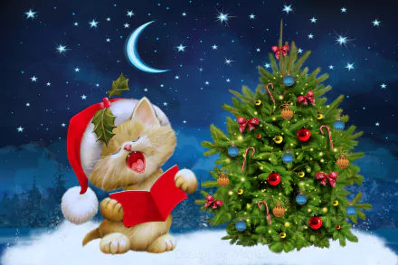 HD desktop wallpaper featuring a cute cat wearing a Santa hat, next to a decorated Christmas tree with ornaments under a starry night sky.