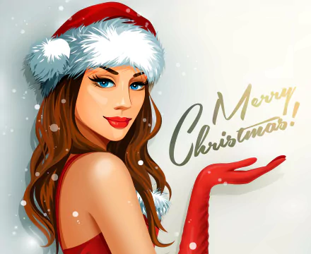 A stylish woman in a Santa hat, adorned with a festive red glove, cheerfully holds her hand out with Merry Christmas! written beside her, making for a vibrant holiday-themed HD wallpaper.