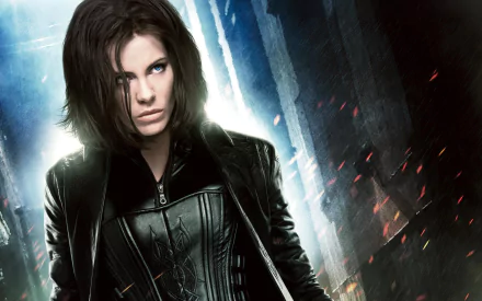 A dynamic HD wallpaper from the movie *Underworld: Awakening*, featuring a fierce character in a dark leather outfit, set against a moody, illuminated backdrop.