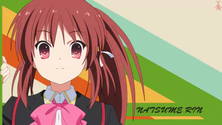 HD vector wallpaper of Rin Natsume from Little Busters! with red hair, red eyes, and a gentle smile against a colorful geometric background.