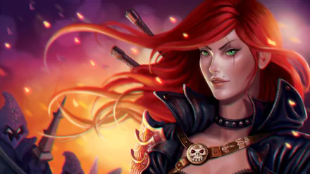 HD PC desktop wallpaper featuring Katarina, a fierce character from the video game League of Legends, with flowing red hair and a determined expression.