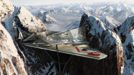 A stunning HD desktop wallpaper featuring Iron Man's futuristic mountain lair, showcasing sleek architecture against a backdrop of majestic snow-capped peaks.