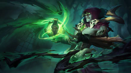 Vladimir from League of Legends casts dark magic in this HD desktop wallpaper, showcasing his eerie abilities and vibrant green energy in a haunting environment.