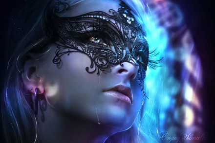A captivating fantasy-themed HD desktop wallpaper featuring a woman wearing an ornate mask, set against a colorful, mystical backdrop that enhances her enigmatic presence.