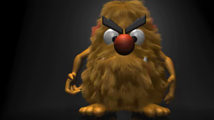 3D artistic cartoon monster with shaggy brown fur, large eyes, red nose, and expressive eyebrows, rendered in high-definition for a PC desktop wallpaper background.