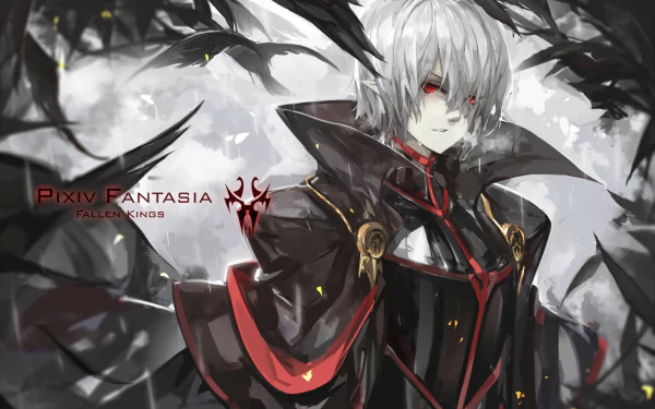 A striking HD desktop wallpaper from Pixiv Fantasia FK, featuring a character from Pixiv Fantasia Fallen Kings, with white hair and a dark, intricate outfit surrounded by shadows.