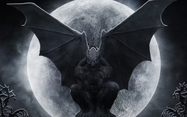 A dark gargoyle with large wings sits against a dramatic full moon, set in a haunting landscape, creating an atmospheric HD PC desktop wallpaper and background.