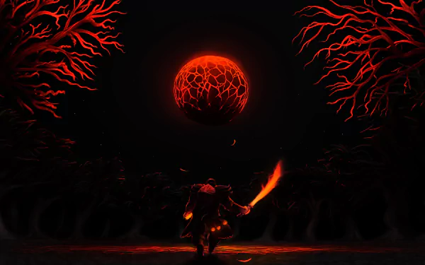 A dramatic HD desktop wallpaper featuring a warrior silhouetted against a glowing red moon and eerie, twisted trees, inspired by the video game DotA 2.