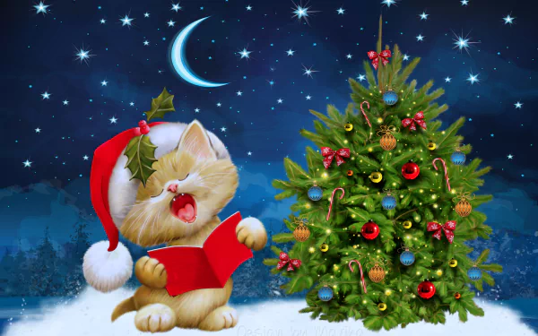 HD desktop wallpaper featuring a cute cat wearing a Santa hat, next to a decorated Christmas tree with ornaments under a starry night sky.