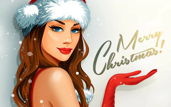 A stylish woman in a Santa hat, adorned with a festive red glove, cheerfully holds her hand out with Merry Christmas! written beside her, making for a vibrant holiday-themed HD wallpaper.