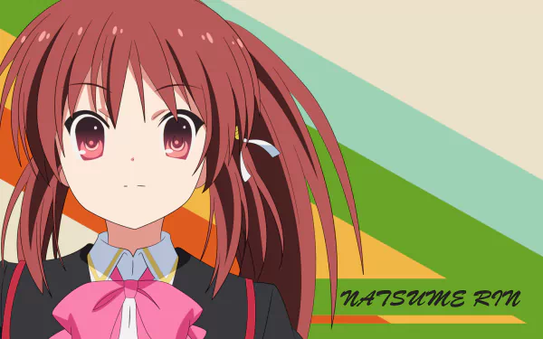 HD vector wallpaper of Rin Natsume from Little Busters! with red hair, red eyes, and a gentle smile against a colorful geometric background.