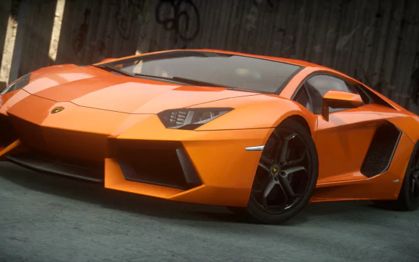 Orange supercar in a gritty garage, low-angle shot with dramatic lighting — HD PC desktop wallpaper from the video game Need For Speed: The Run.