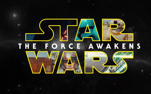 HD desktop wallpaper featuring Star Wars Episode VII: The Force Awakens text with iconic images from the movie embedded within the letters, set against a starry space background.