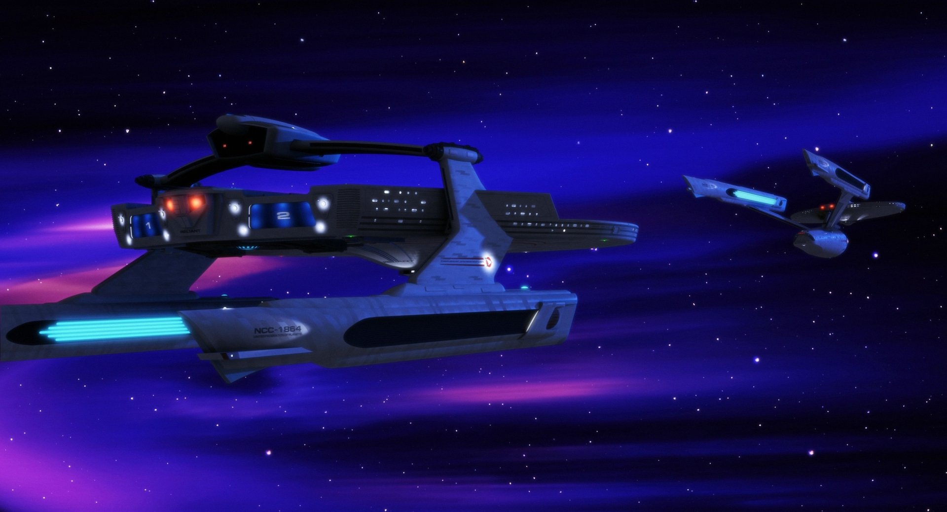 4K Ultra HD Star Trek sci-fi wallpaper featuring two futuristic starships traveling through a vibrant, deep blue space background.
