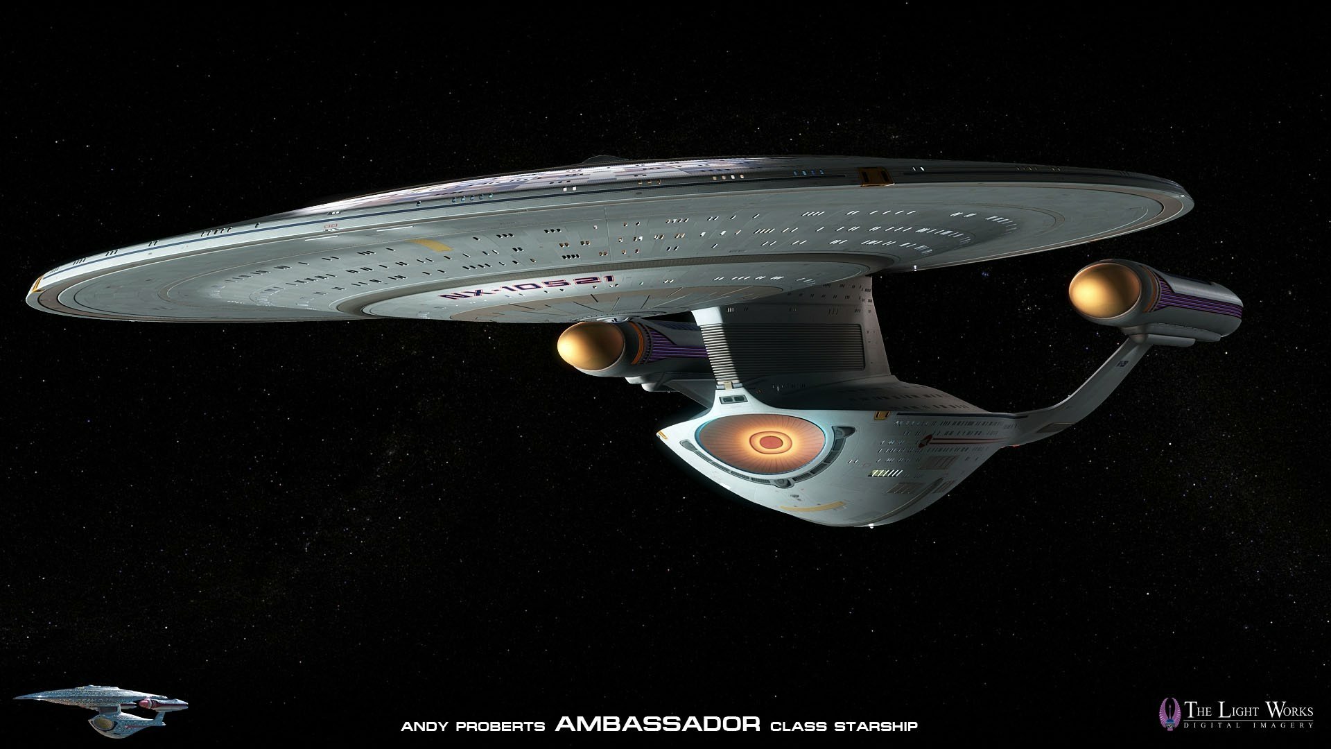 HD PC desktop wallpaper featuring a detailed sci-fi Star Trek Ambassador class starship floating in space against a black background.