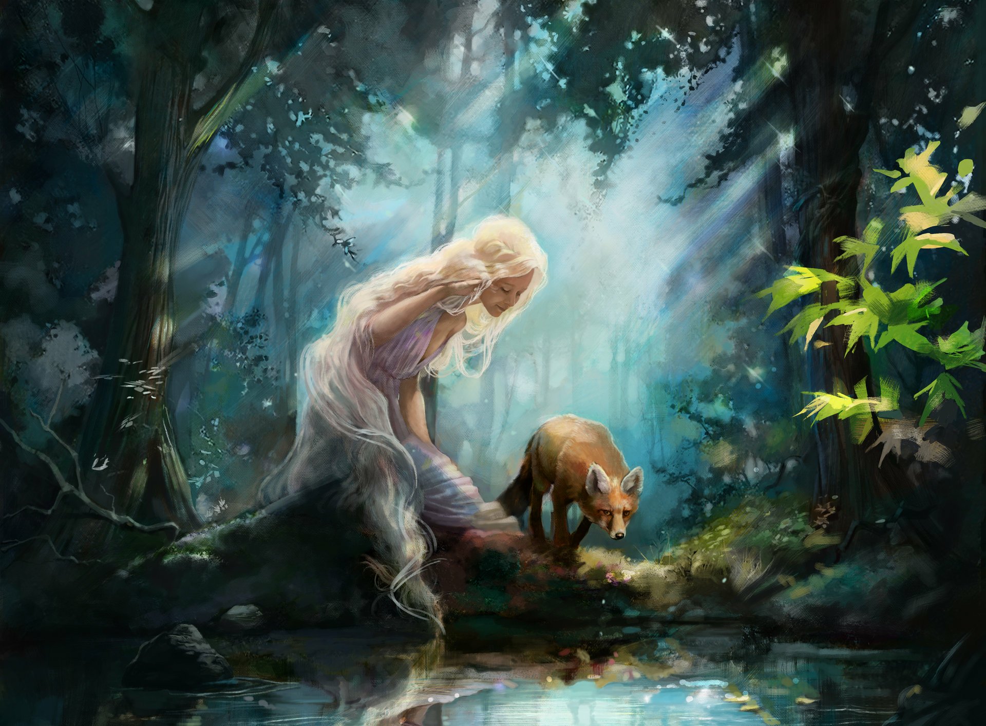 HD fantasy wallpaper depicting a woman with flowing white hair in a misty forest, kneeling beside a small fox.