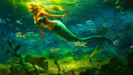 A vibrant HD fantasy wallpaper depicting a mermaid gracefully swimming through a mystical underwater scene filled with colorful fish and an ancient treasure chest.