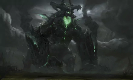 HD desktop wallpaper depicting a towering fantasy demon with glowing green accents set against a stormy, dark background.