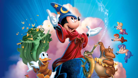 HD PC desktop wallpaper featuring Mickey Mouse as the Sorcerer's Apprentice from the movie Fantasia 2000, surrounded by animated magical characters and vibrant colors.