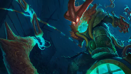 A vibrant 4K Ultra HD wallpaper featuring Thresh from League of Legends, depicting his menacing presence amidst a dark, underwater environment.