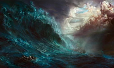 HD wallpaper featuring a fantasy scene of turbulent ocean waves under a dramatic sky. Ethereal figures resembling gods emerge from the clouds, creating a fantastical and powerful seascape background.