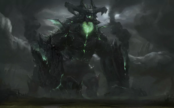 HD desktop wallpaper depicting a towering fantasy demon with glowing green accents set against a stormy, dark background.