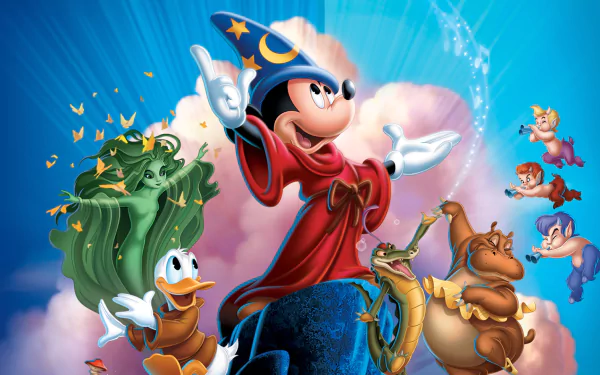 HD PC desktop wallpaper featuring Mickey Mouse as the Sorcerer's Apprentice from the movie Fantasia 2000, surrounded by animated magical characters and vibrant colors.