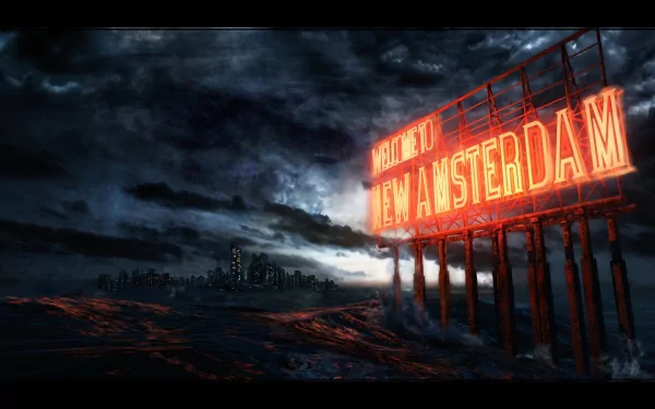 HD Sci-Fi apocalyptic desktop wallpaper featuring a glowing WELCOME TO NEW AMSTERDAM sign amid a dark, desolate landscape with a brooding sky and distant remnants of a city.