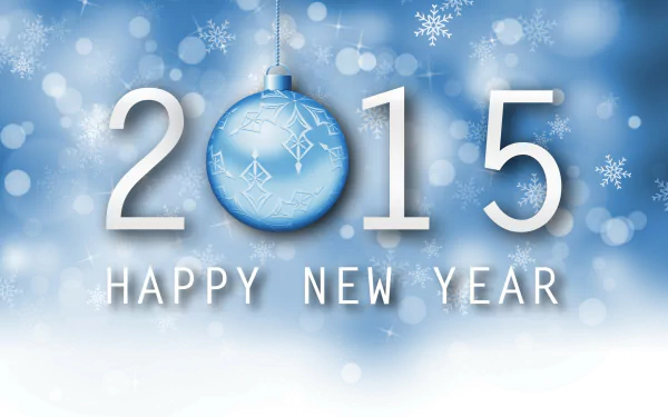 HD desktop wallpaper featuring a festive New Year 2015 design with a blue ornament replacing the zero and snowflakes in the background, celebrating the holiday season.