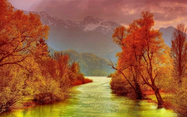 Nature River Fall Tree Mountain Cloud HD Wallpaper | Background Image