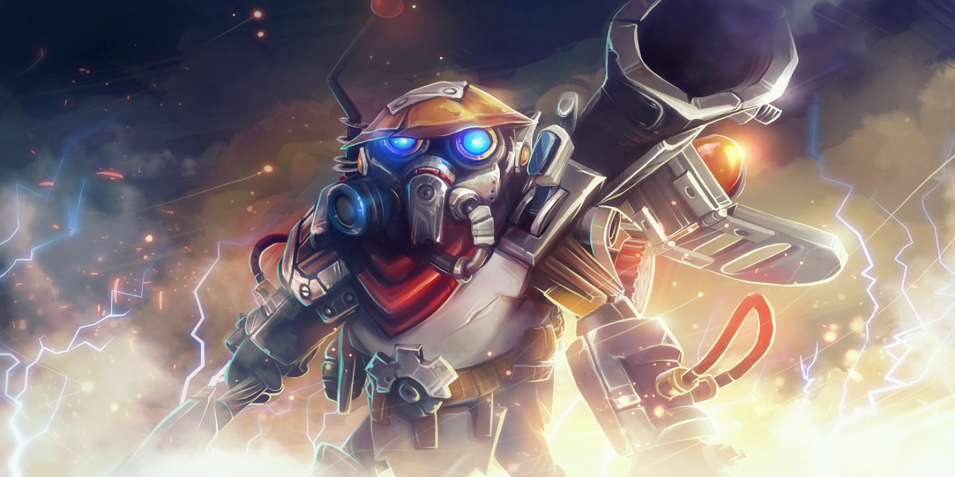 A vibrant HD wallpaper featuring a character from DotA 2, showcasing a futuristic warrior with a helmet and glowing blue eyes, set against an energetic, dynamic background.